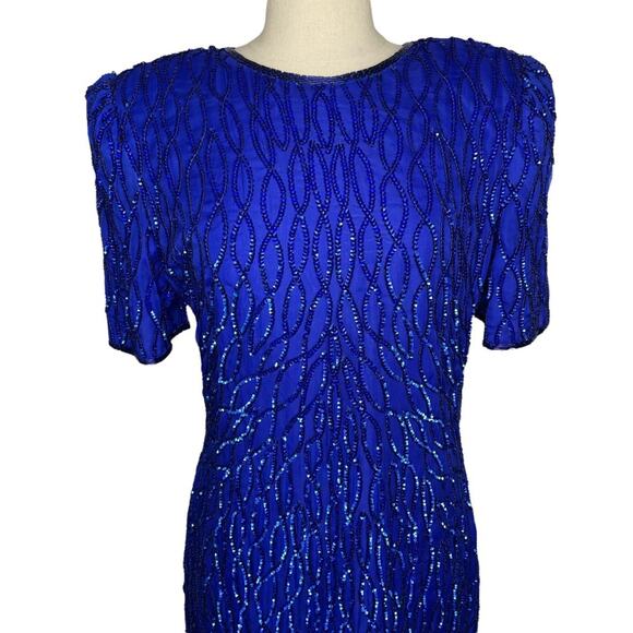 Laurence Kazar Silk Sequin Beaded Mini Dress Vintage 1980s Cobalt Blue M GUC - Picture 3 of 13